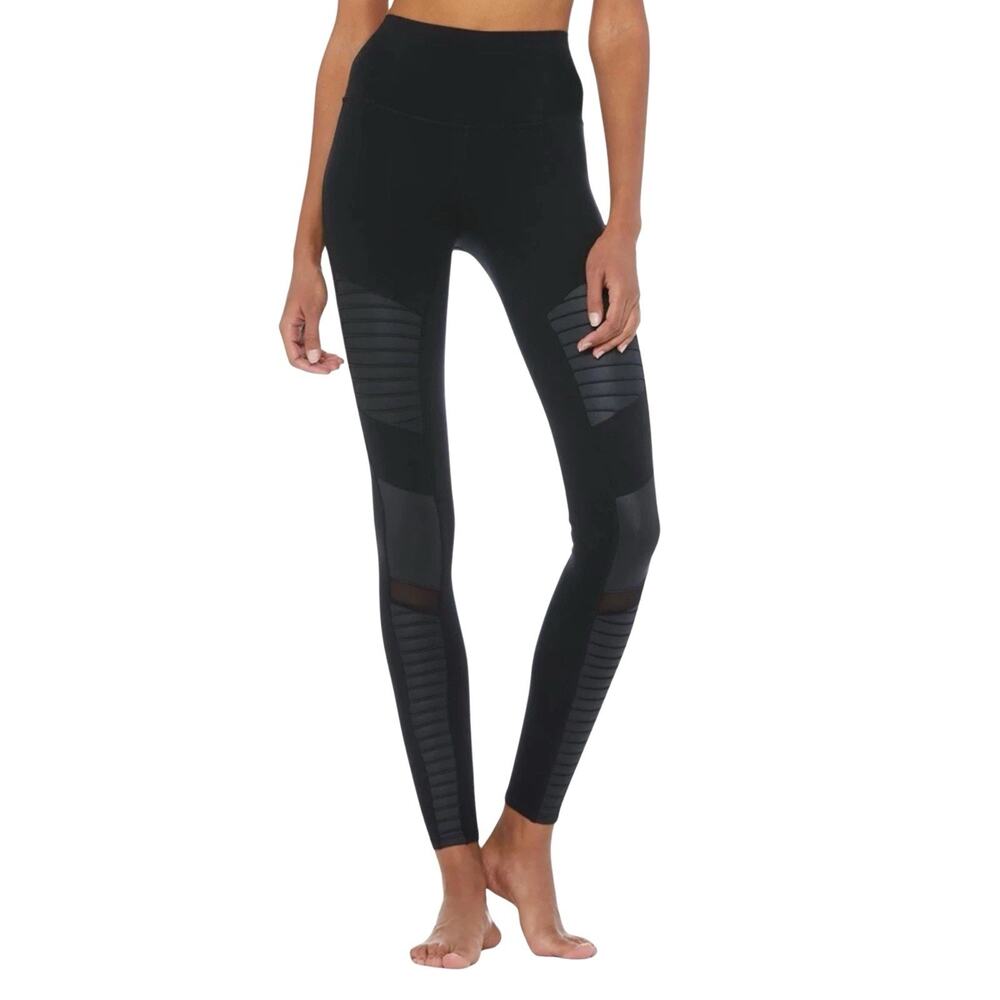 ALO Yoga Moto Ankle Leggings Womens XS Black Ribbed Quilted Glossy Panels